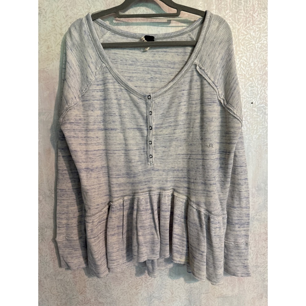 We The Free Free People Blue Space Dye Waffle Knit Henley Peplum Top Size M
